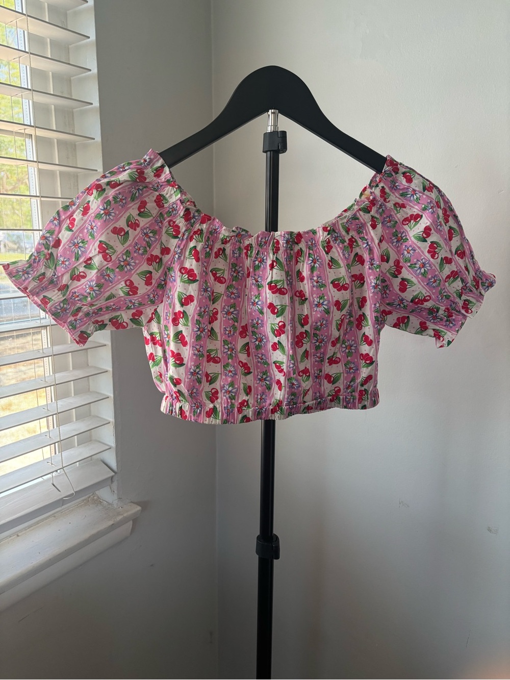 Tatyana Pink Strawberry Floral Off-Shoulder Crop Top